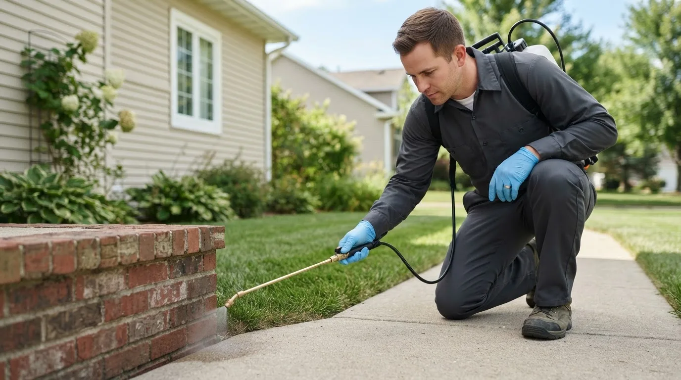 Pest control technician treating a home near Marathon, IA